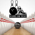  3D render of bowling lane with pins flanking a ball and custom text metal sign overhead