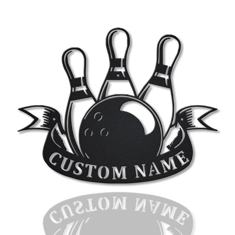 Custom black metal bowling sign mounted on a white wall above a wooden console, featuring a bowling ball, three pins, and a personalized ribbon banner.