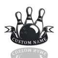 solated product shot of a black powder-coated metal bowling sign with three pins, bowling ball, and custom name banner, shown against a white background.