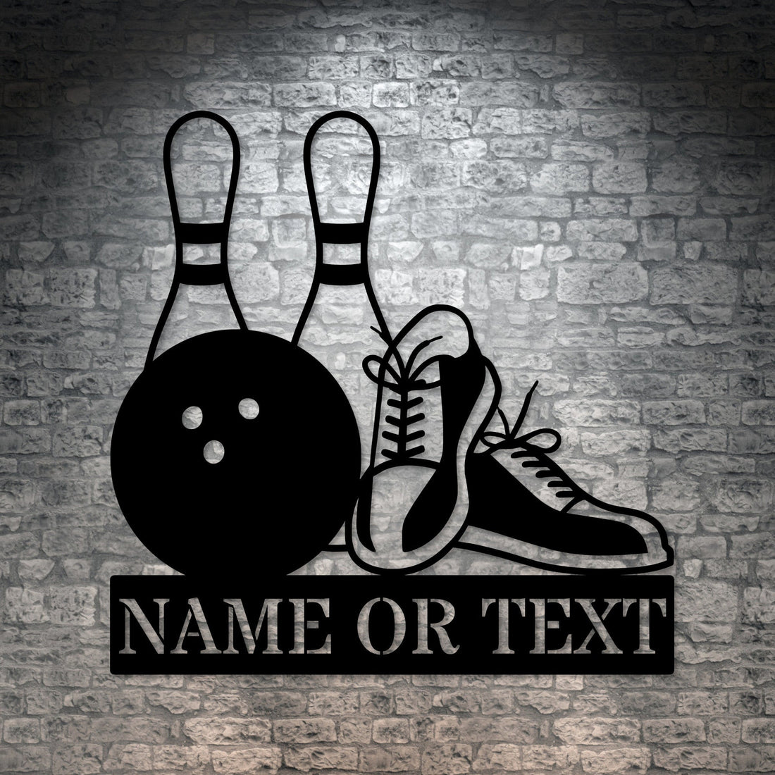 Black powder-coated bowling pins, ball, and shoes wall art on white background