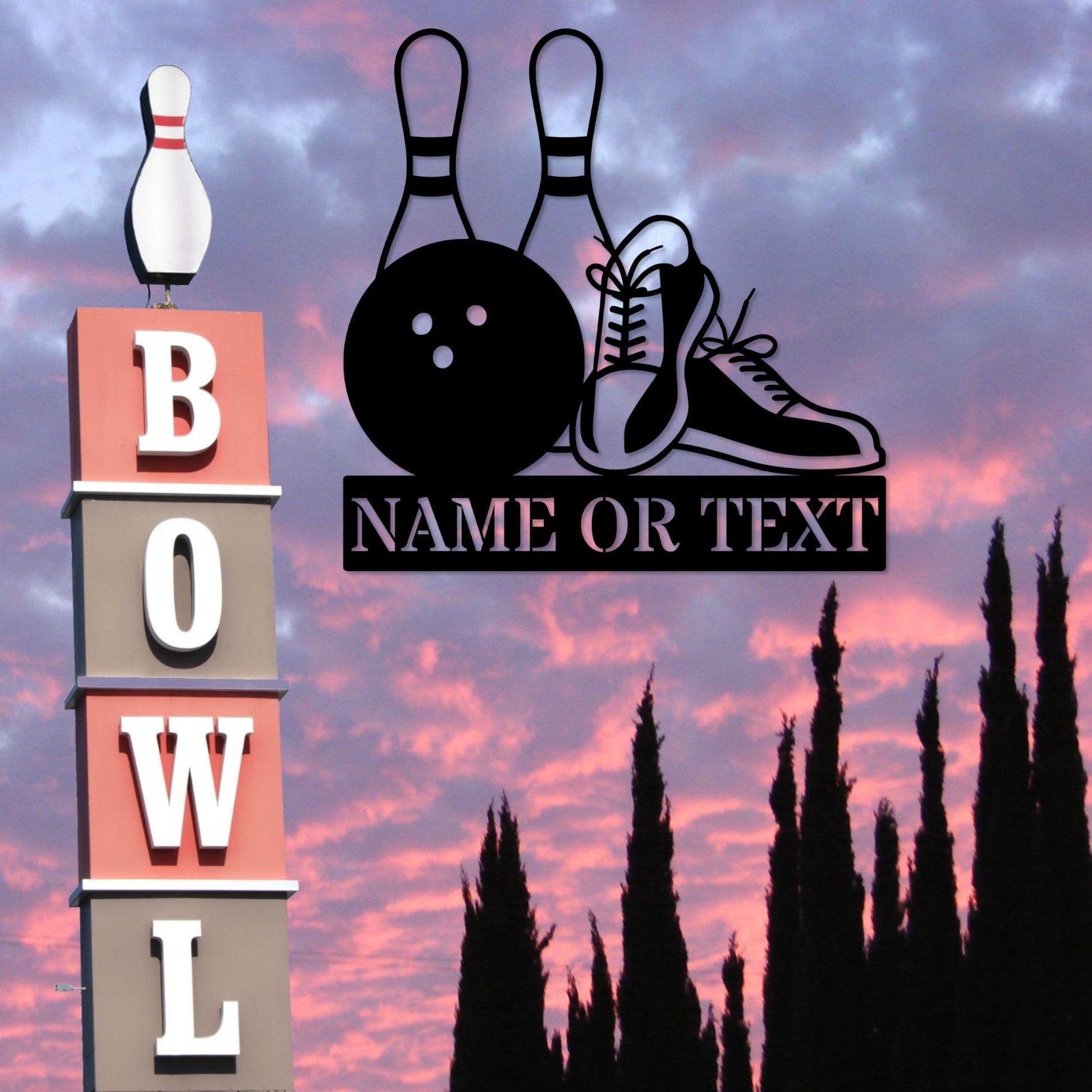 Custom metal bowling sign silhouette mounted above retro “BOWL” tower at sunset