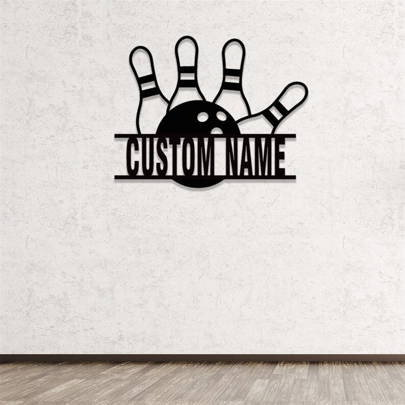 Strike Zone custom bowling name metal sign displayed on a modern tiled brick wall, featuring a ball hitting pins.