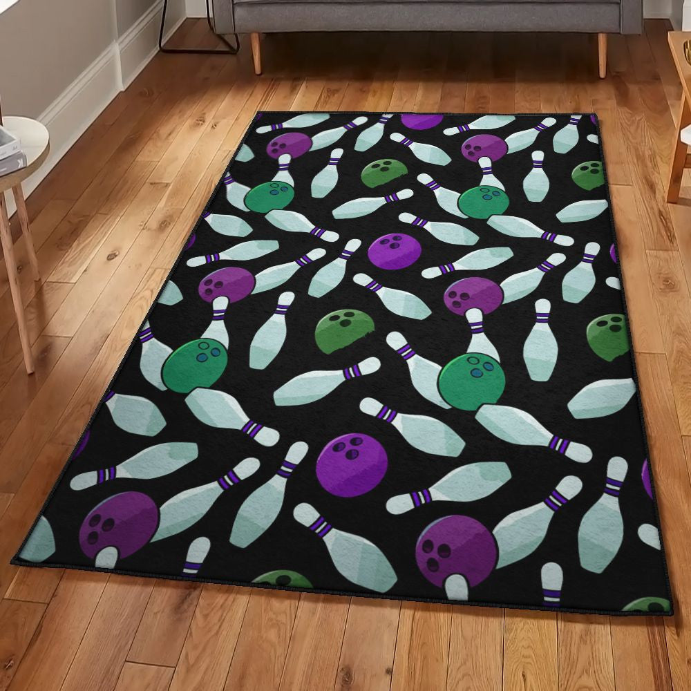 Colorful rug featuring green and purple bowling balls and pins on black background