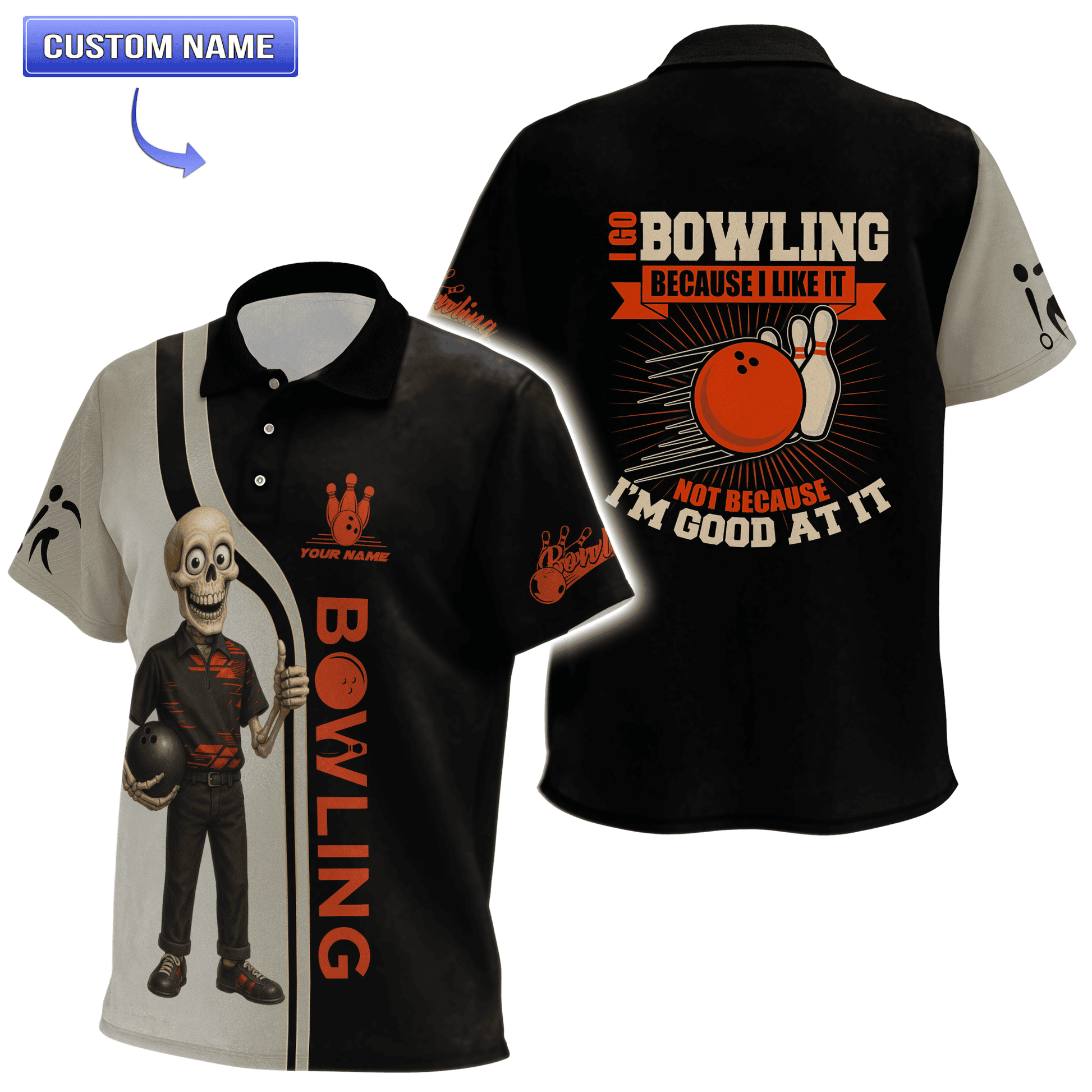 Custom Bowling Polo Shirt with bowling theme, featuring skeleton graphic and personalized name