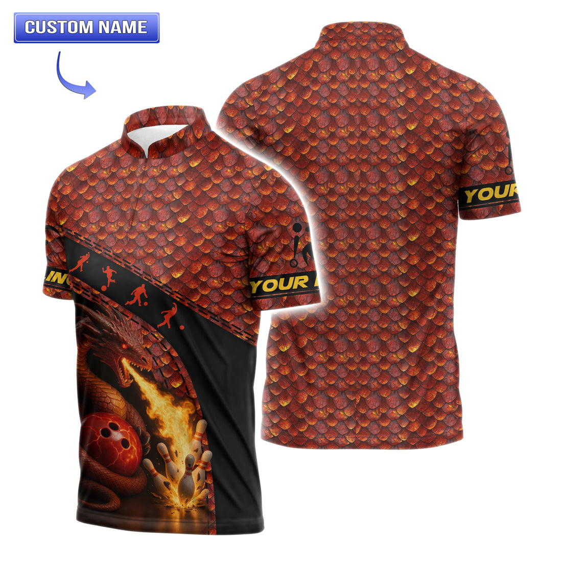 Custom dragon bowling jersey for men with red scale pattern and fire-breathing design