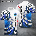 Front and back views of a custom bowling jersey in blue flame design featuring a flaming bowling ball smashing pins and customizable team name