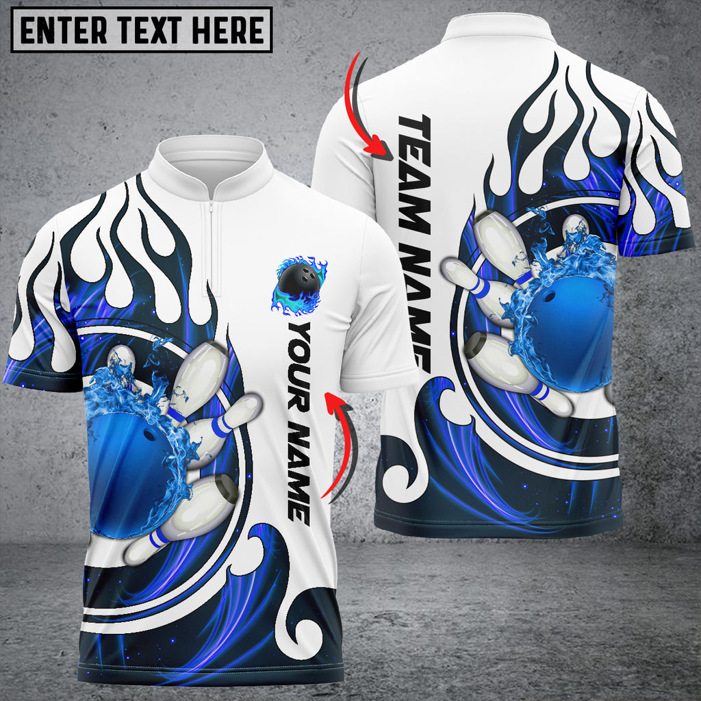 Front and back views of a custom bowling jersey in blue flame design featuring a flaming bowling ball smashing pins and customizable team name