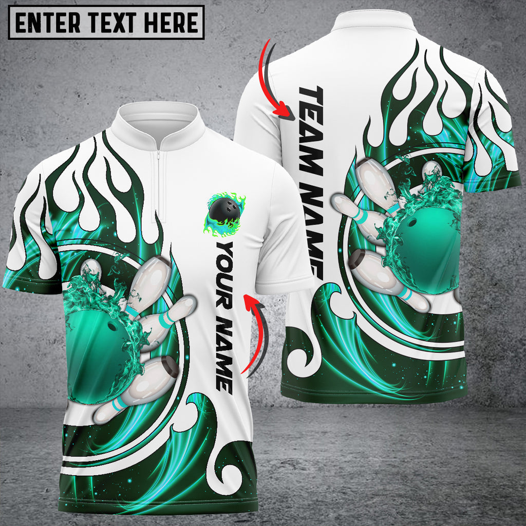 Front and back views of a custom bowling jersey in red flame design showcasing a flaming bowling ball striking pins and personalized team name