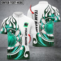 Front and back views of a custom bowling jersey in green flame design with dynamic flaming bowling ball, pins imagery, and vertical team name