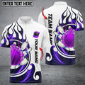 Front and back views of a custom bowling jersey in purple flame design with a flaming bowling ball and pins graphic, vertical team name text