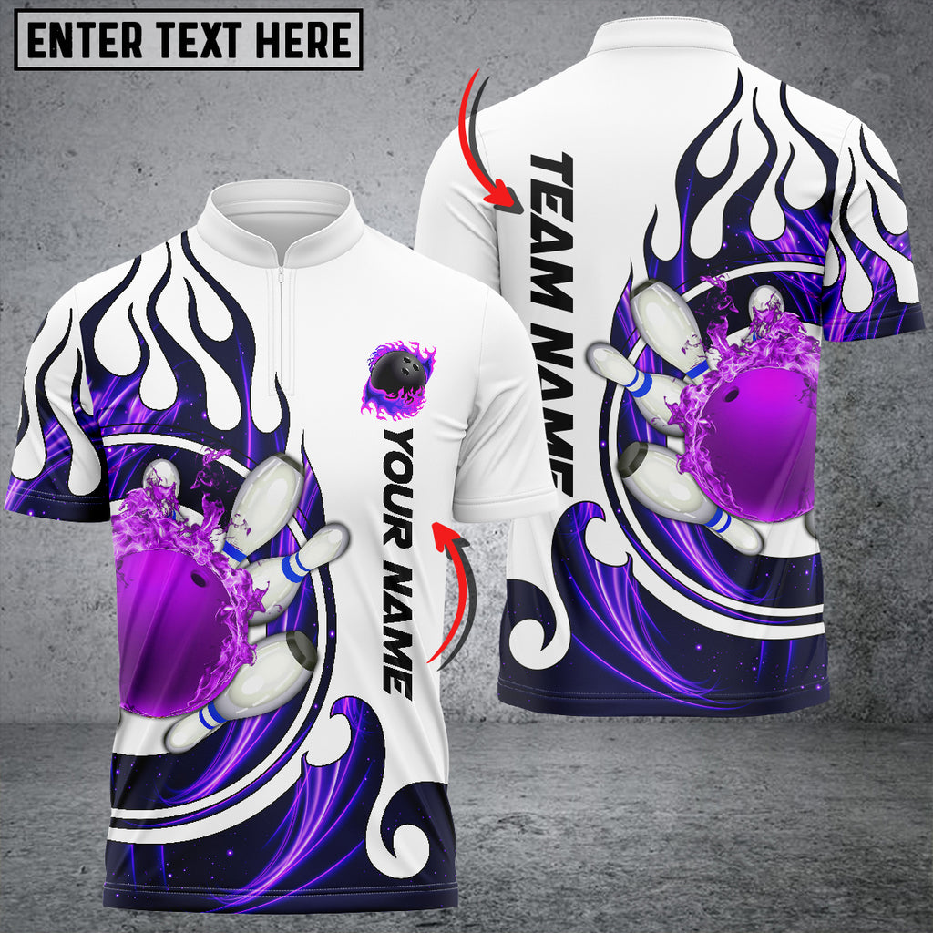 Front and back views of a custom bowling jersey in purple flame design with a flaming bowling ball and pins graphic, vertical team name text