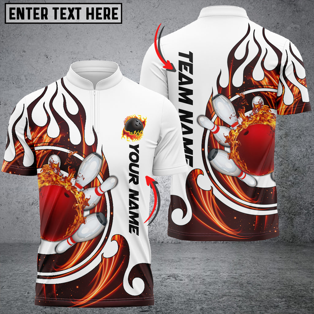 Front and back views of a custom bowling jersey in red flame design showcasing a flaming bowling ball striking pins and personalized team name