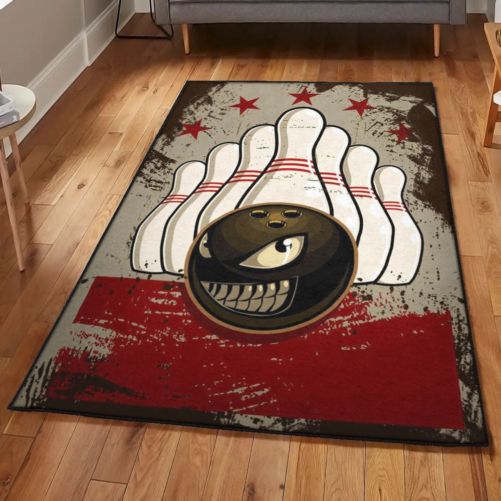 A retro-themed bowling rug featuring a cartoon bowling ball with a menacing grin, crashing into bowling pins on a splatter-style red background