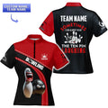 Women’s bowling team jersey in red and black, showing a laughing bowling pin and angry ball cartoon on the front, and the same humorous quote on the back. Includes areas to customize your name and team name.