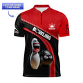 Front view of a youth’s bowling jersey with vibrant red collar, bold diagonal “BOWLING” text, a laughing cartoon bowling pin, and a grumpy black bowling ball. Includes space for personalized name.