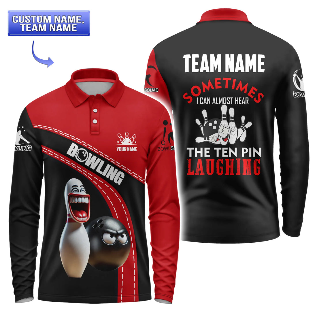 Custom short sleeve men’s bowling polo with funny cartoon pin and ball, personalized team and player name
