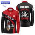 Red and black bowling polo for men with angry bowling ball and laughing pin design, team name on back