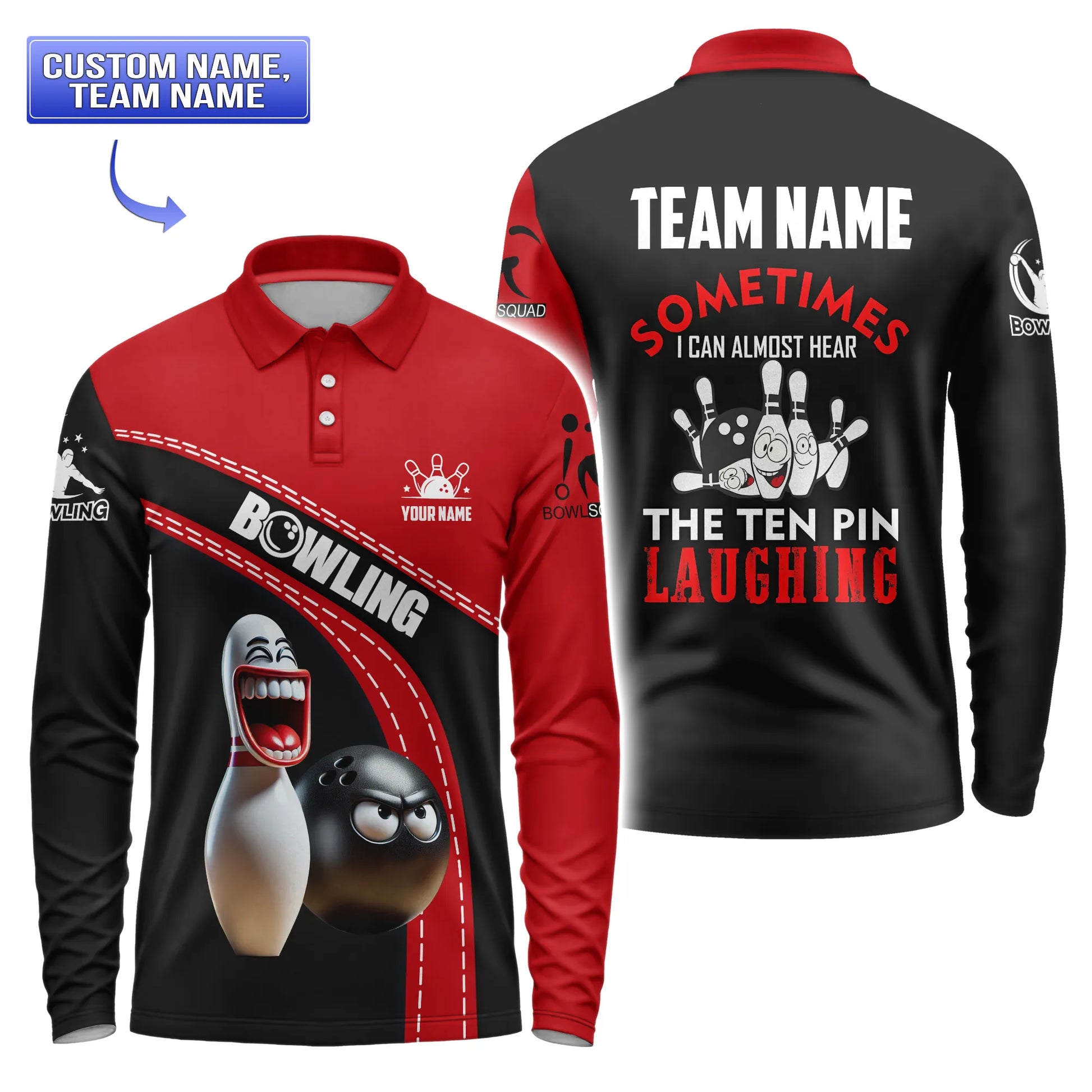 Red and black bowling polo for men with angry bowling ball and laughing pin design, team name on back