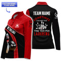 Long sleeve women’s bowling polo with “Sometimes I can almost hear the ten pin laughing” quote and playful team design
