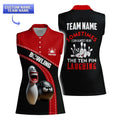 Sleeveless women’s bowling polo with custom name, bold pin graphic, and “The Ten Pin Laughing” quote on back