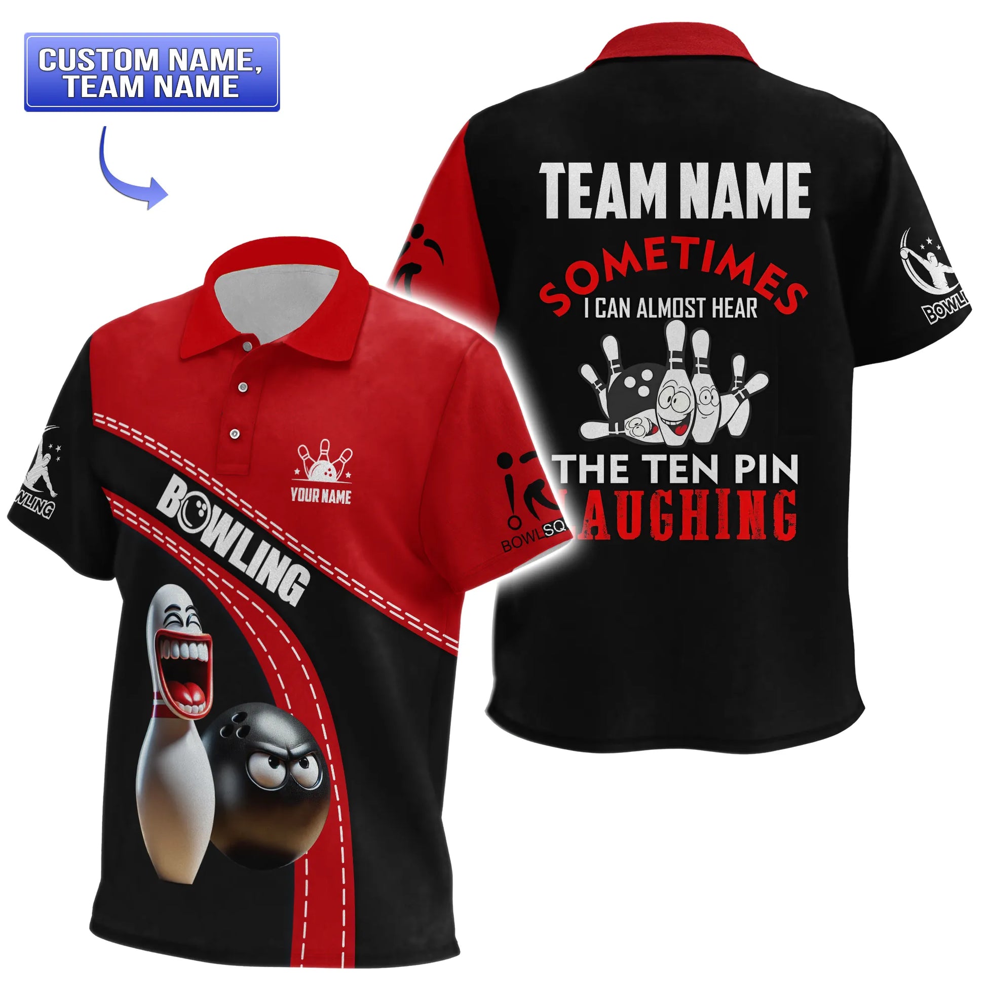 Short sleeve youth's bowling polo with “Sometimes I can almost hear the ten pin laughing” quote and playful team design