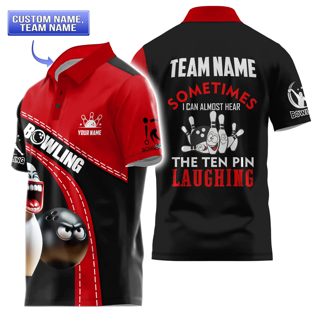 Custom short sleeve men’s bowling polo with funny cartoon pin and ball, personalized team and player name

