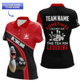 Short sleeve women’s bowling polo shirt in red and black with animated ball and pin, custom team option