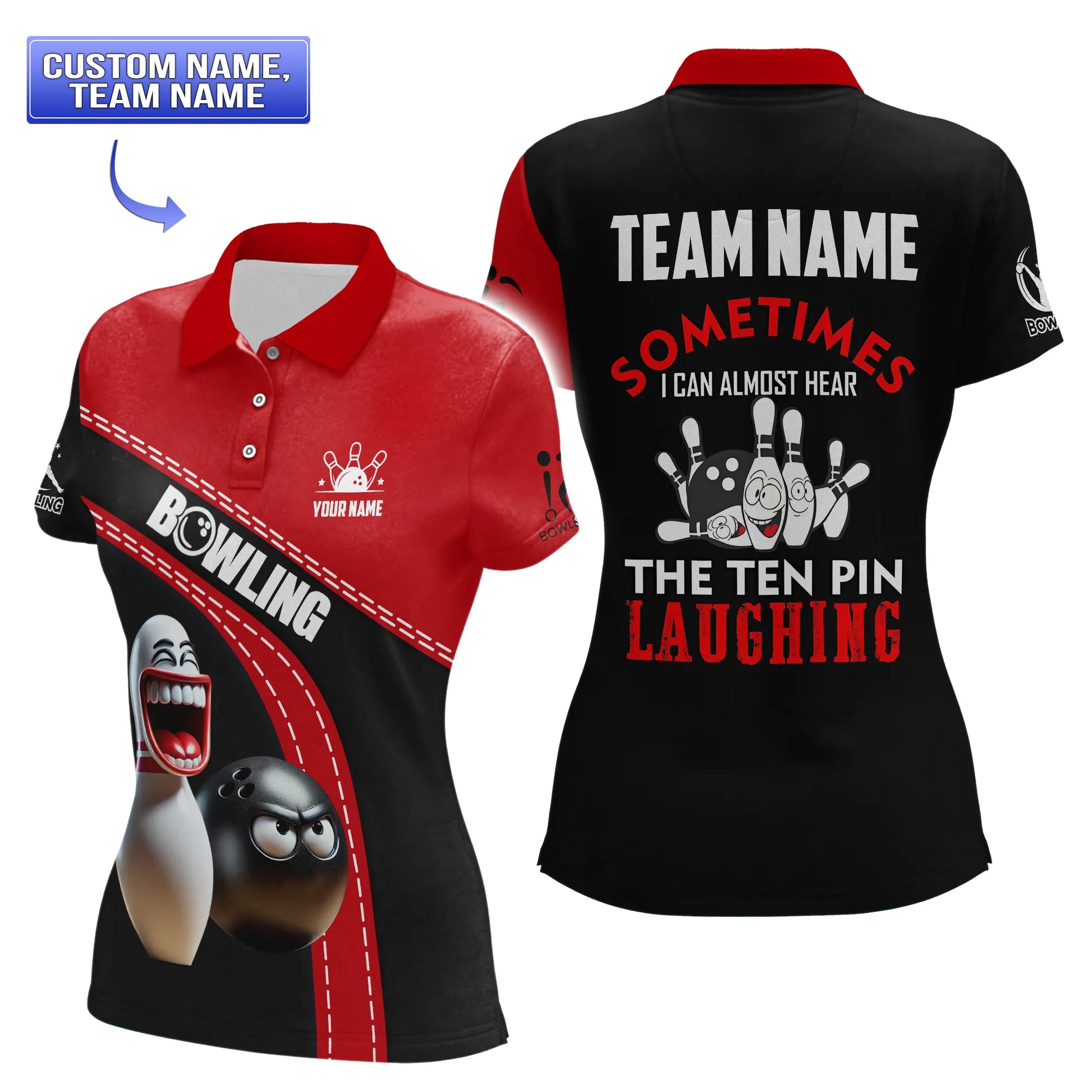 Short sleeve women’s bowling polo shirt in red and black with animated ball and pin, custom team option