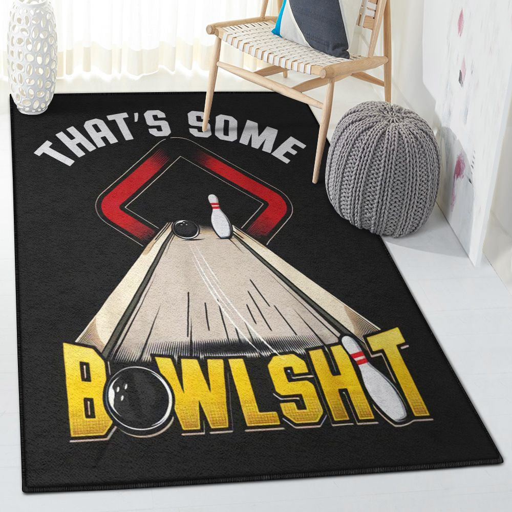 Funny bowling rug with “That’s Some Bowlshit” text and vintage lane design