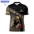 Funny skull bowling jersey at the bowling alley with a ball in hand