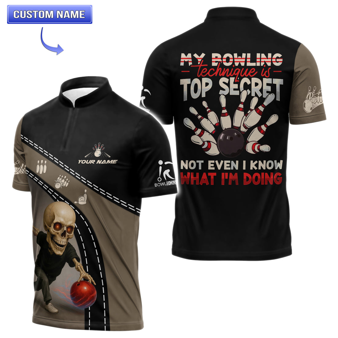 Front view of funny custom bowling jersey with skeleton bowler and name personalization