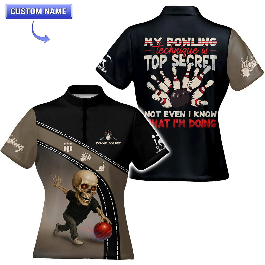 Front view of funny custom bowling jersey with skeleton bowler and name personalization