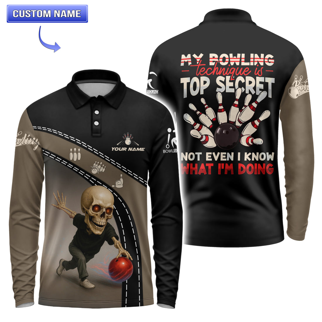 Front view of funny custom bowling jersey with skeleton bowler and name personalization