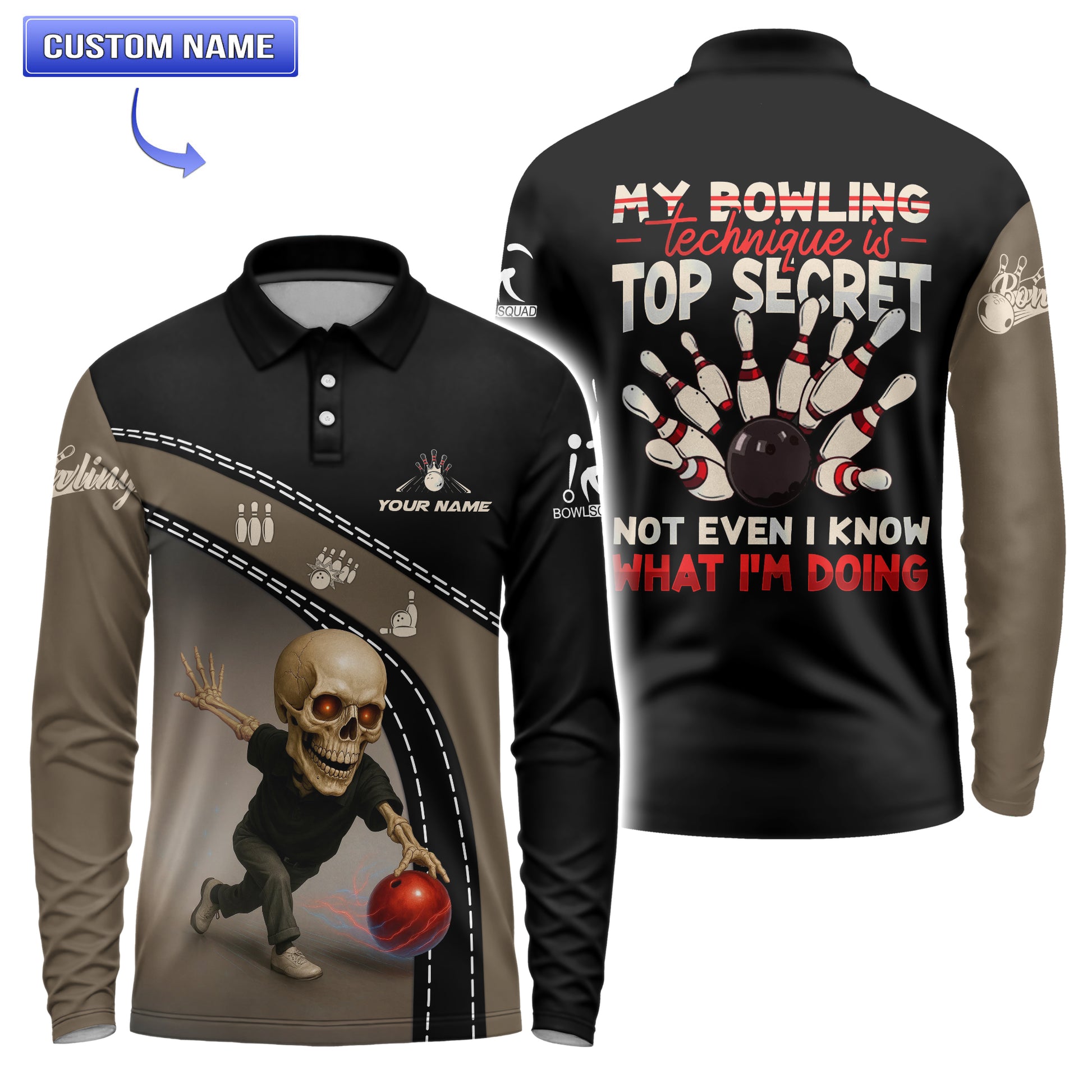Back of bowling jersey showing “My Bowling Technique Is Top Secret” quote with bowling pins graphic