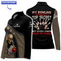 Back of bowling polo showing “My Bowling Technique Is Top Secret” quote with bowling pins graphic