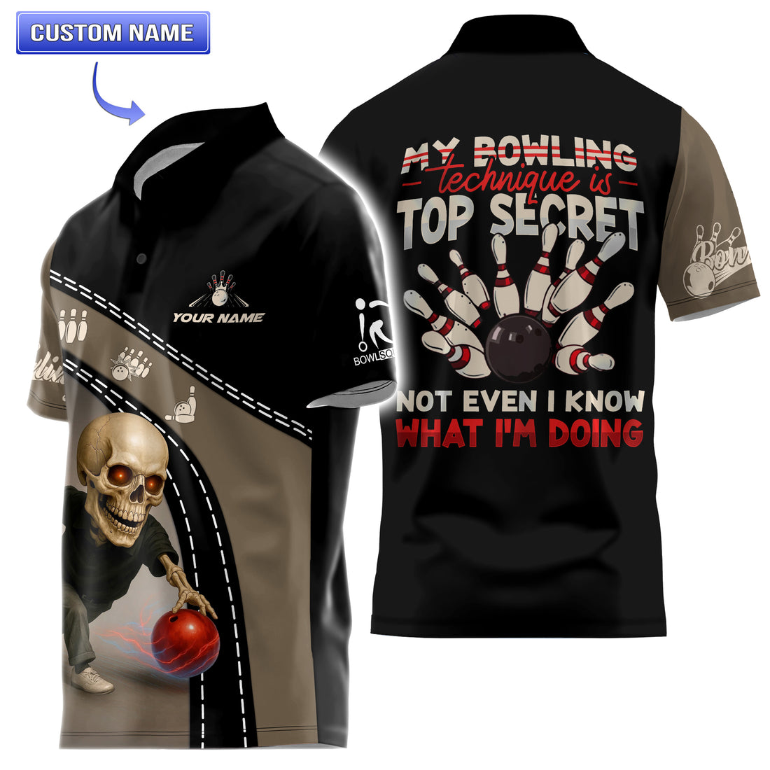 Front view of funny custom bowling jersey with skeleton bowler and name personalization