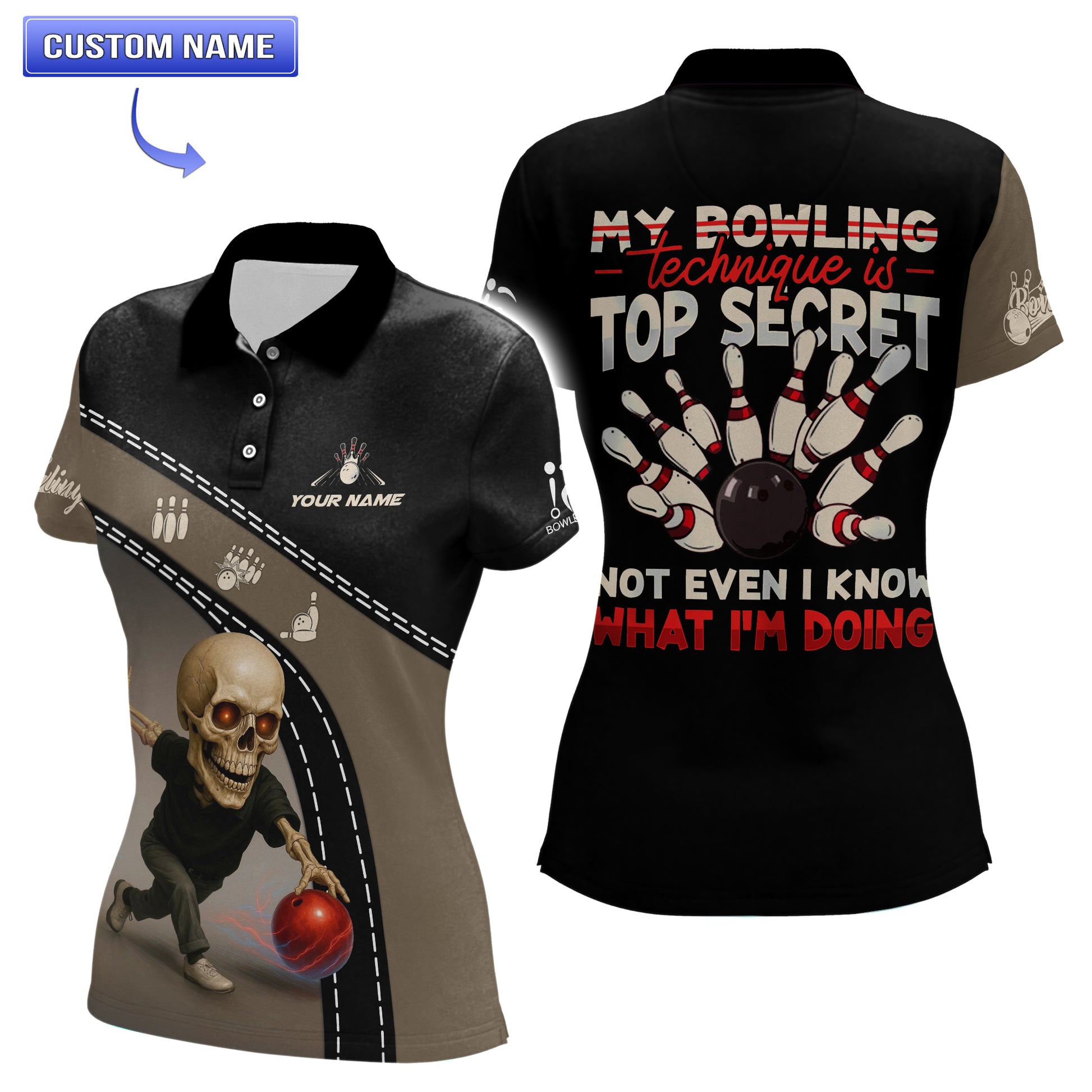 Close-up of bowling shirt fabric and skeleton graphic details with bold red ball design