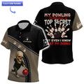 Front view of funny custom bowling polo with skeleton bowler and name personalization
