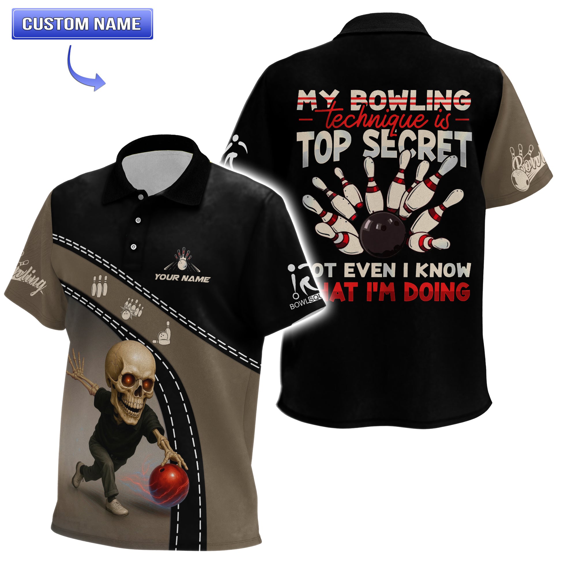 Front view of funny custom bowling polo with skeleton bowler and name personalization