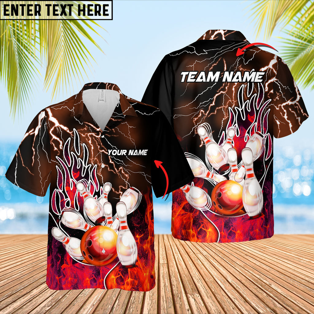 urple lightning strike Hawaiian bowling shirt featuring a bowling ball and pins, custom name and team name area included.