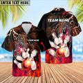 Red-themed bowling Hawaiian shirt with explosive flame and pin graphics, editable for name and team personalization.