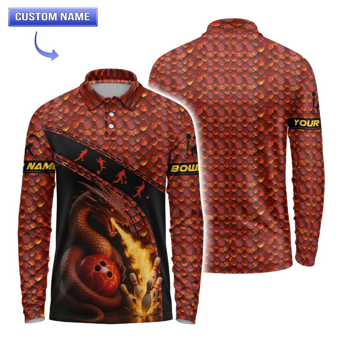 Men’s short-sleeve Molten Dragon’s Fury Bowling Polo featuring fiery scale background and dragon flame pin graphic