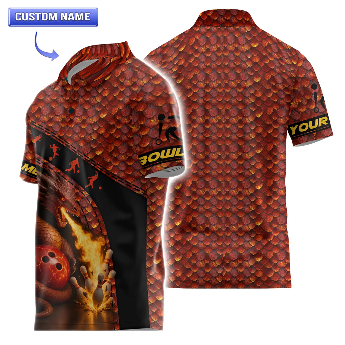 Men’s short-sleeve Molten Dragon’s Fury Bowling Polo featuring fiery scale background and dragon flame pin graphic