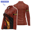 Women’s long-sleeve Molten Dragon’s Fury Bowling Polo with molten-scale motif and dragon-breath bowling pin explosion