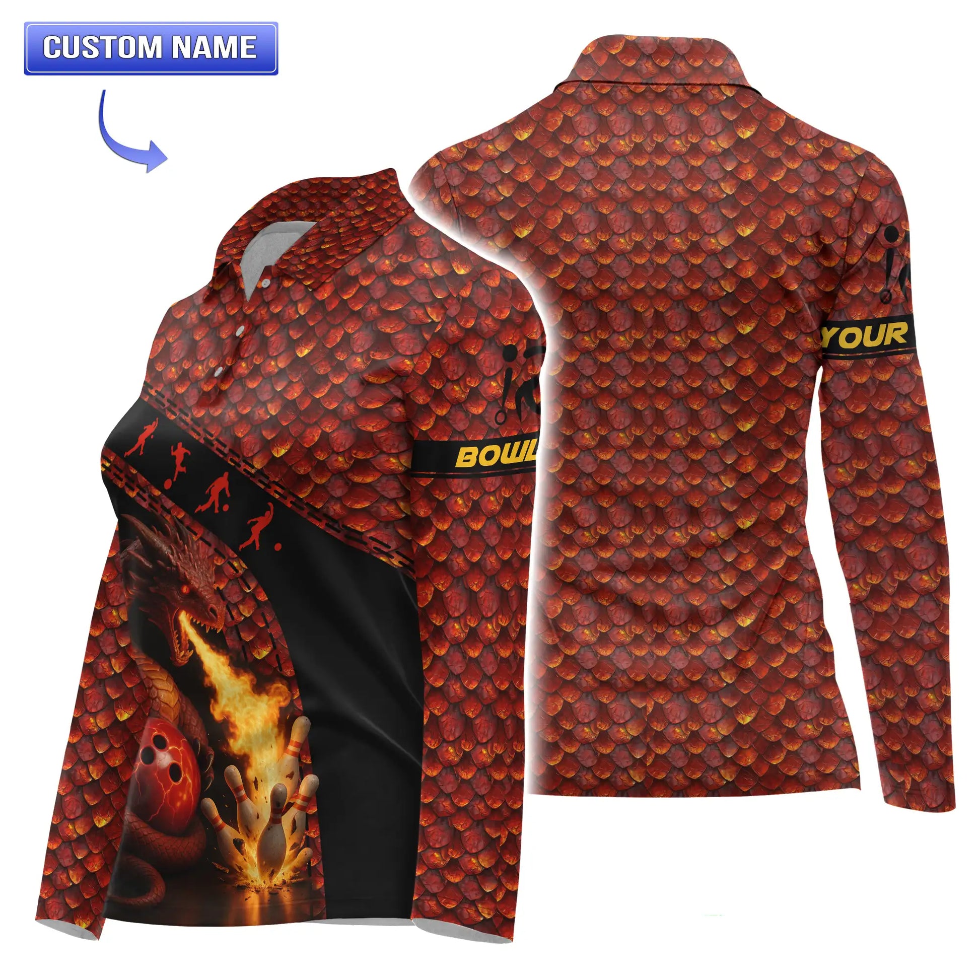 Women’s long-sleeve Molten Dragon’s Fury Bowling Polo with molten-scale motif and dragon-breath bowling pin explosion