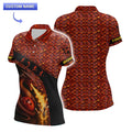 Women’s short-sleeve Molten Dragon’s Fury Bowling Polo in molten-scale design with dramatic dragon and pin artwork