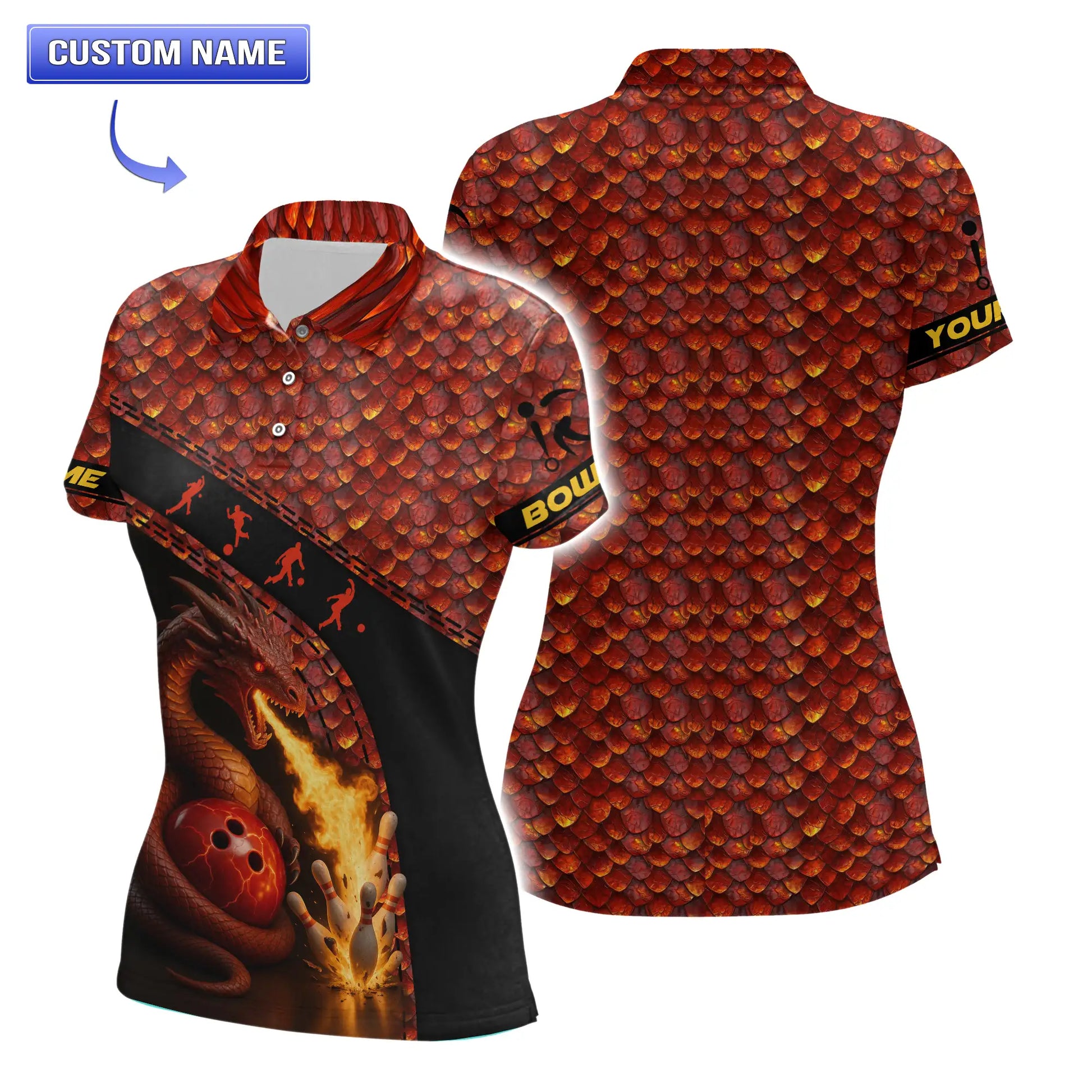 Women’s short-sleeve Molten Dragon’s Fury Bowling Polo in molten-scale design with dramatic dragon and pin artwork
