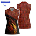 Women’s tank Molten Dragon’s Fury Bowling Polo depicting a flaming dragon coiled around a bowling ball and pins against red scales