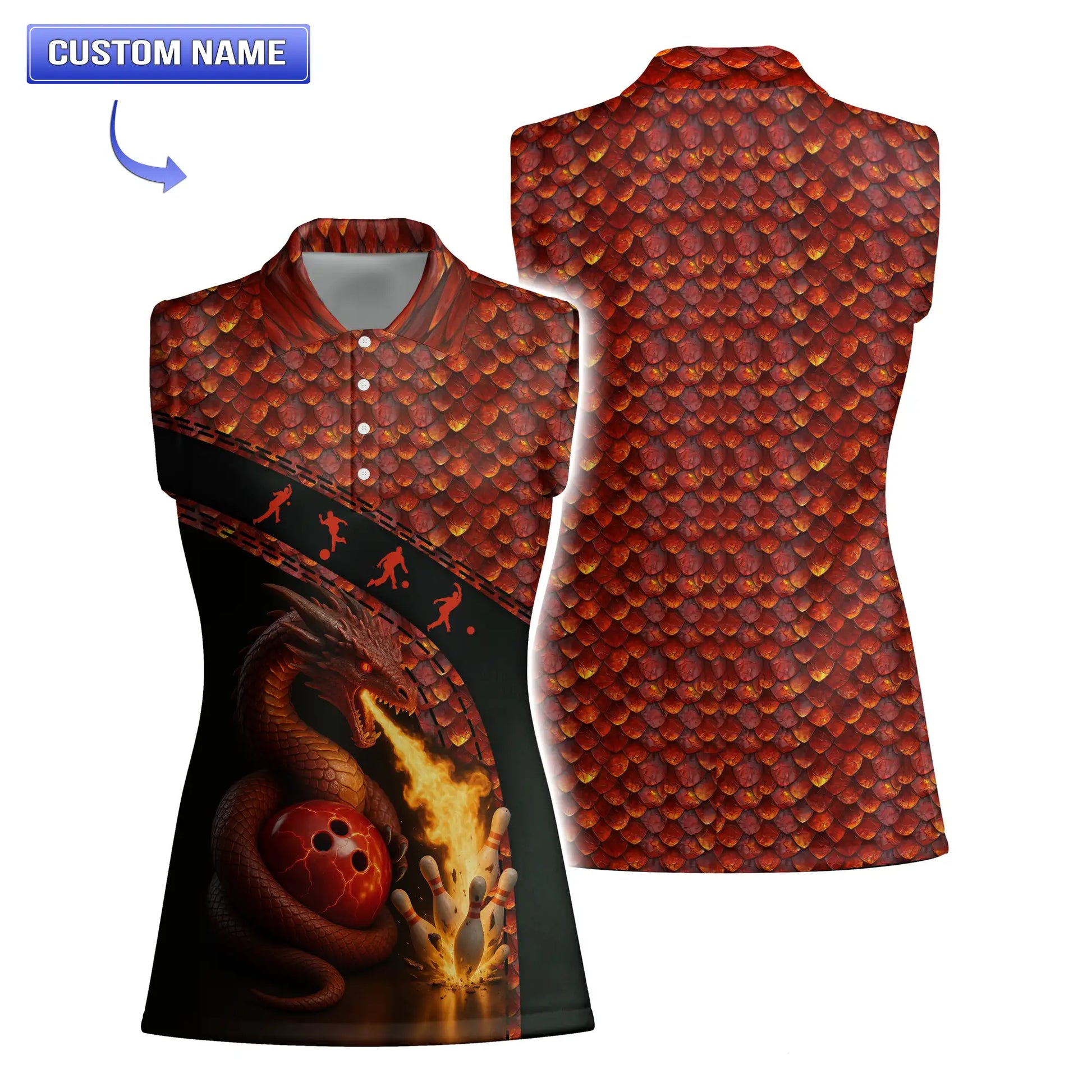 Women’s tank Molten Dragon’s Fury Bowling Polo depicting a flaming dragon coiled around a bowling ball and pins against red scales