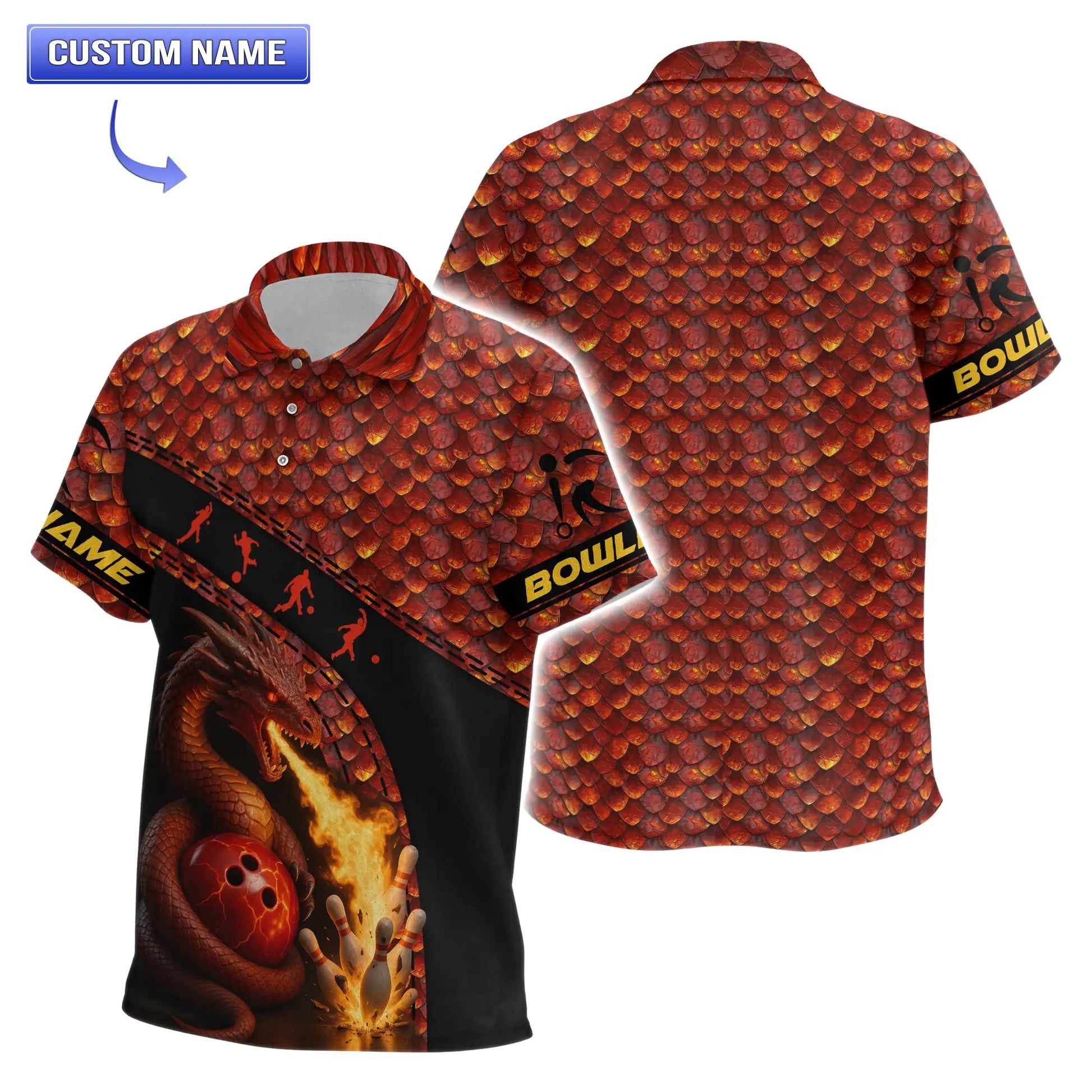 Youth Molten Dragon’s Fury Bowling Polo with red-scale pattern and breathing-fire dragon over bowling pins